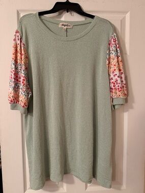 Haptics Mint Knit Tunic with Floral Puff Sleeves